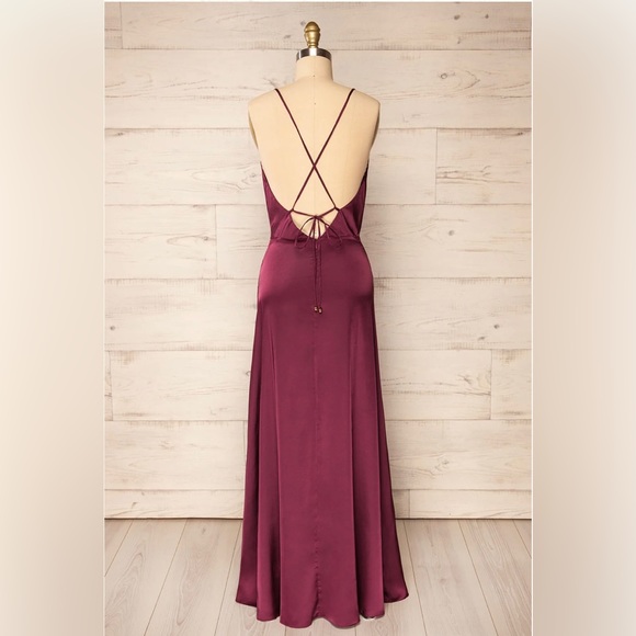 Burgundy Satin cowl neck open back dress with slit - Picture 6 of 7